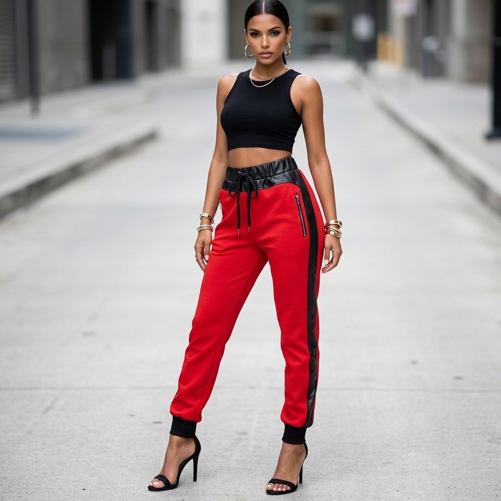 Marcell Von Berlin Jogger Sweatpants Red Black Faux Leather Trim Medium NWT